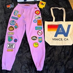 NWT Aviator Nation Vintage Patch sweatpants in Neon Purple Medium  + Tote bag